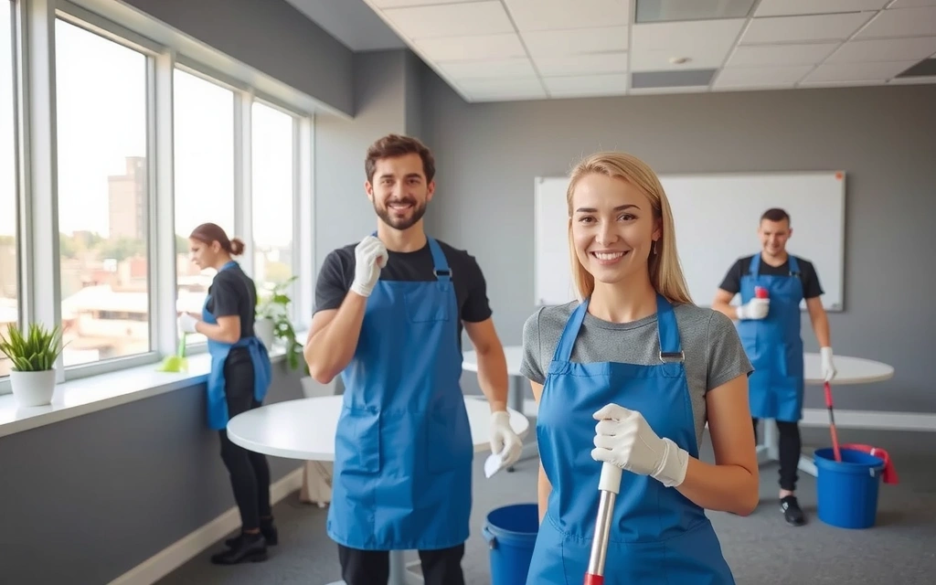 A professional cleaning team at work, showcasing teamwork and efficiency.