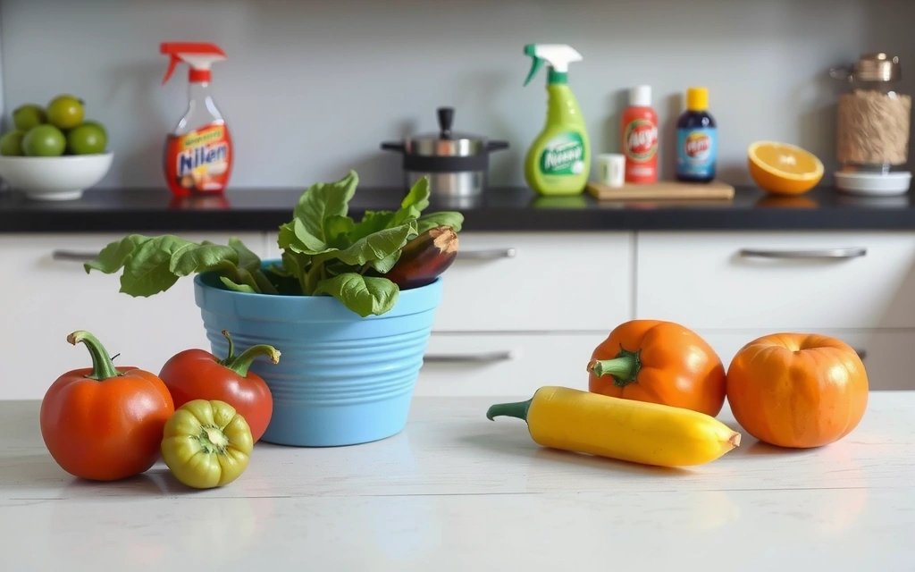 A sparkling clean kitchen countertop with fresh vegetables and cleaning supplies in the background.