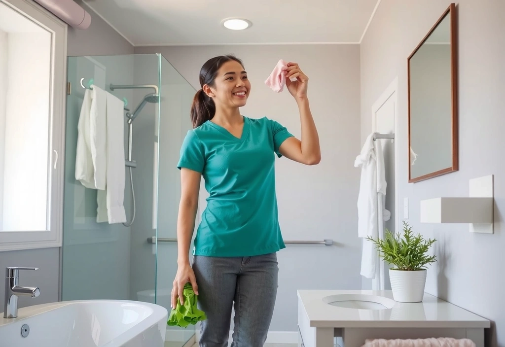 A person happily cleaning a bathroom, showcasing effective and efficient cleaning methods.