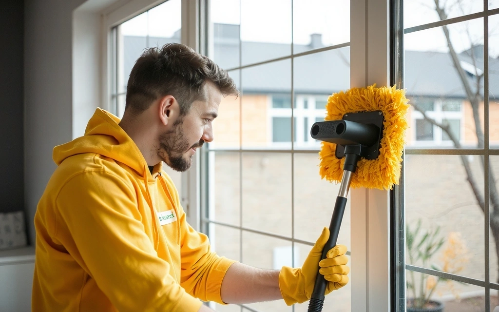 A person cleaning a window, showing meticulous attention to detail in specialized cleaning.