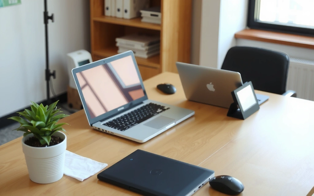 A neat and organized office desk with a laptop, potted plant, and clean surfaces, representing commercial cleaning.