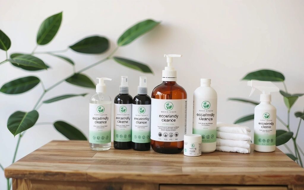 Eco-friendly cleaning products on a wooden surface, with green leaves in the background, emphasizing sustainability.