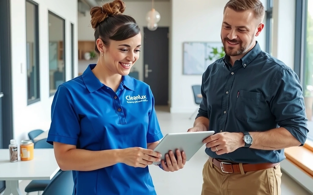 A cleanlux team member discussing a cleaning plan with a business owner in a modern office.