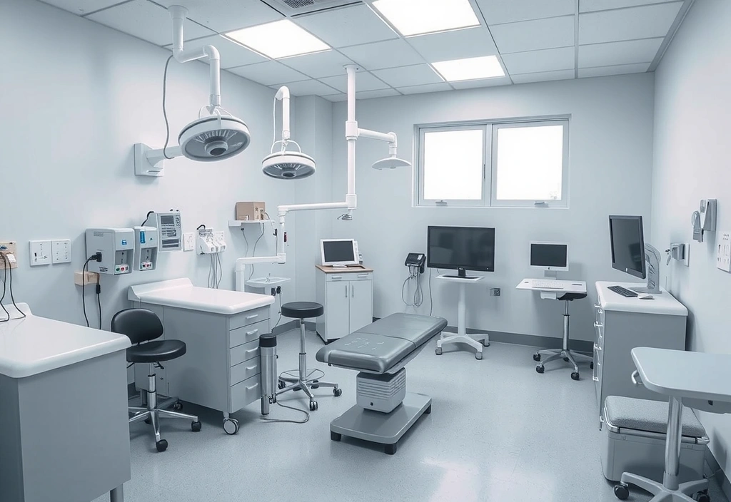 Clean and sterile medical examination room with modern equipment.
