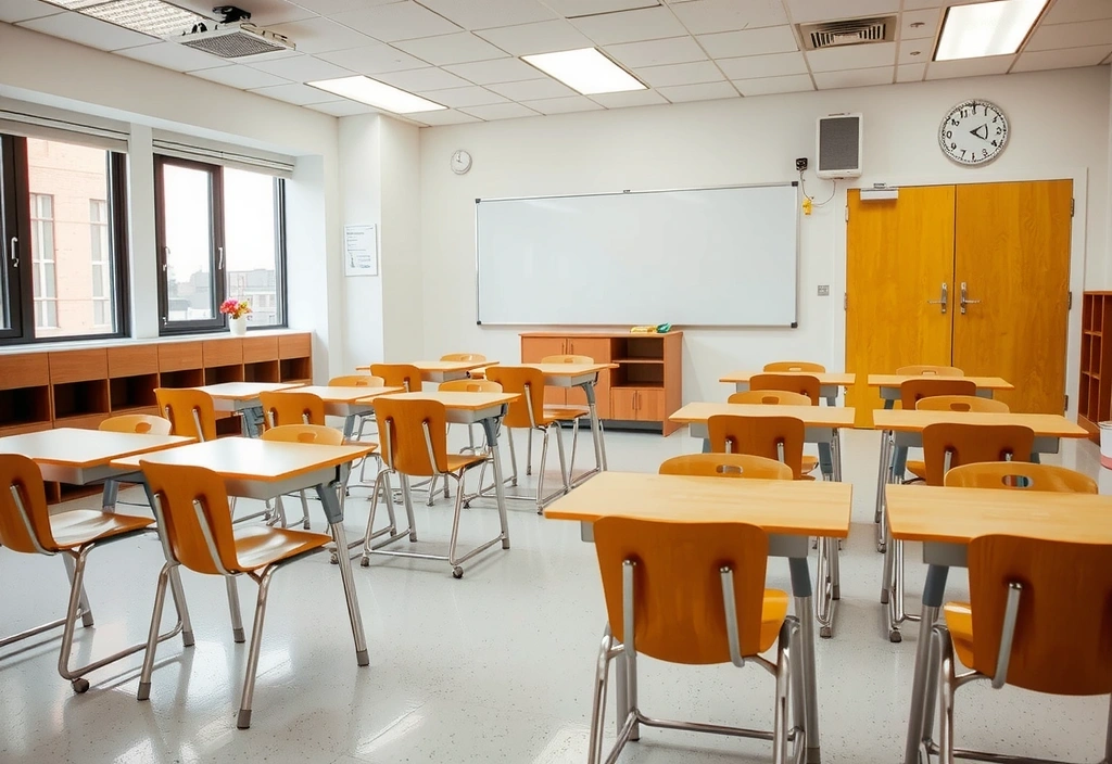 Clean school classroom with desks and chairs neatly arranged.