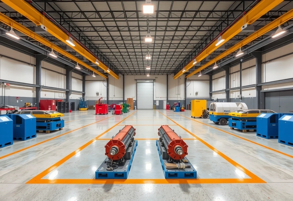 Industrial warehouse with clean, organized machinery and clear pathways.