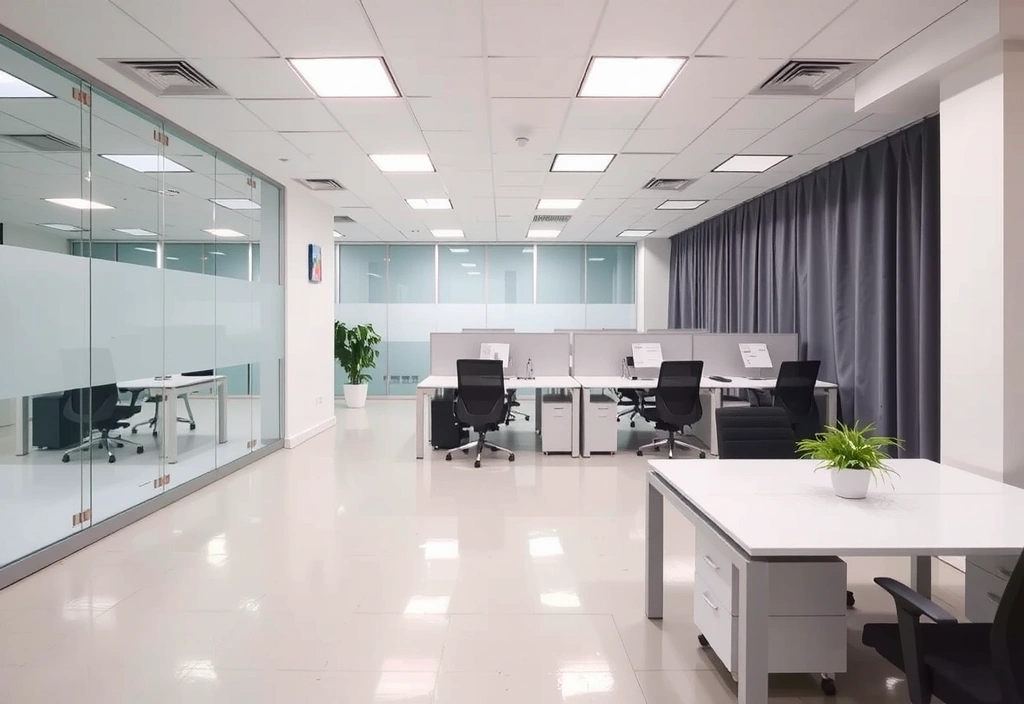 Modern office space with clean desks and bright windows, ready for a new workday.