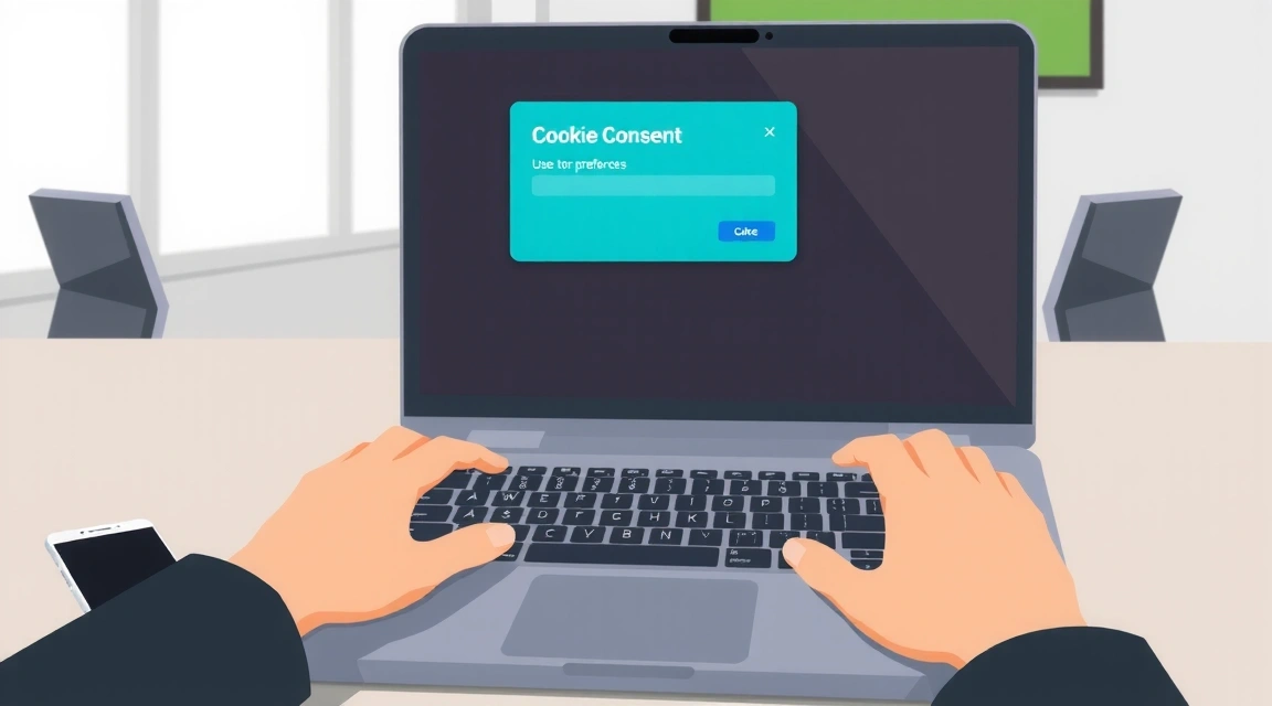 Illustration of a person interacting with cookie consent on a laptop screen