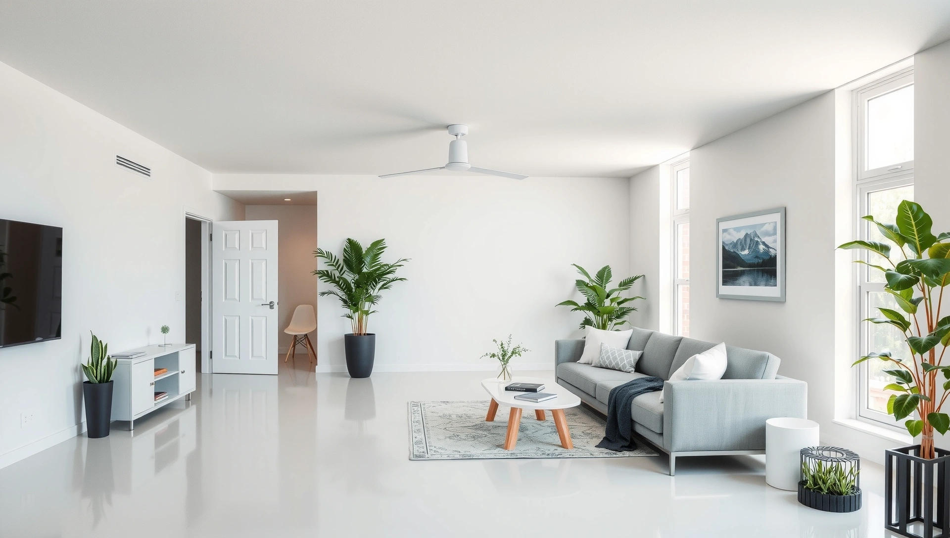 Pristine living room with modern furniture, bathed in natural light, showcasing a spotless and organized space.