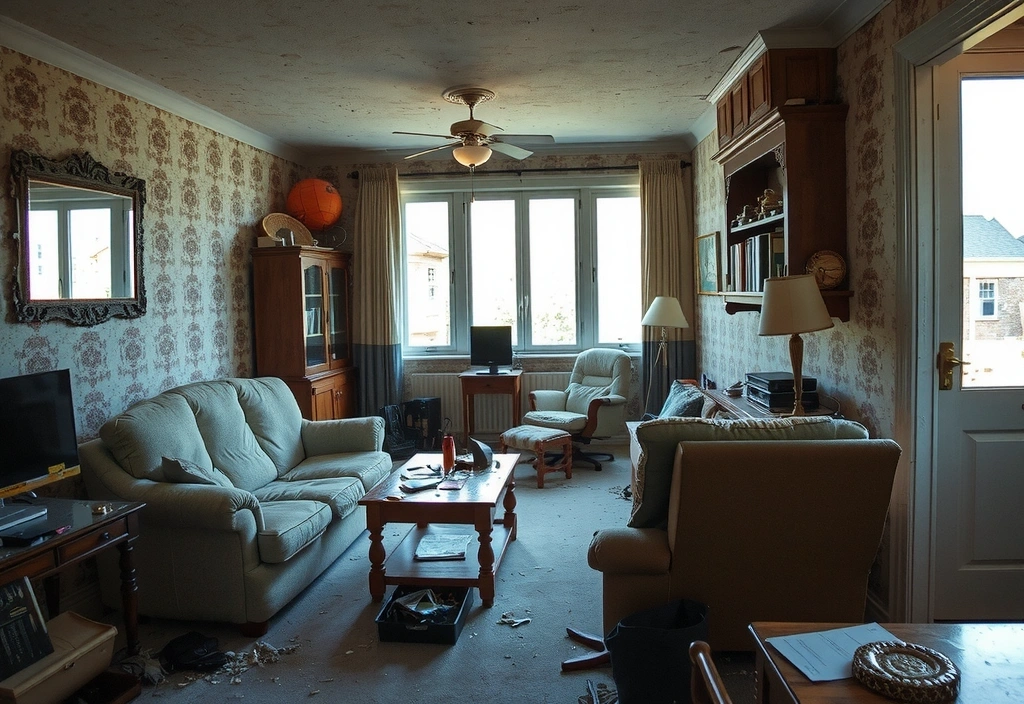 Before image of a dusty living room