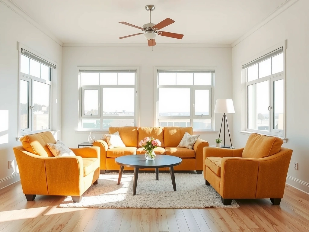 Clean and vibrant living room with natural light