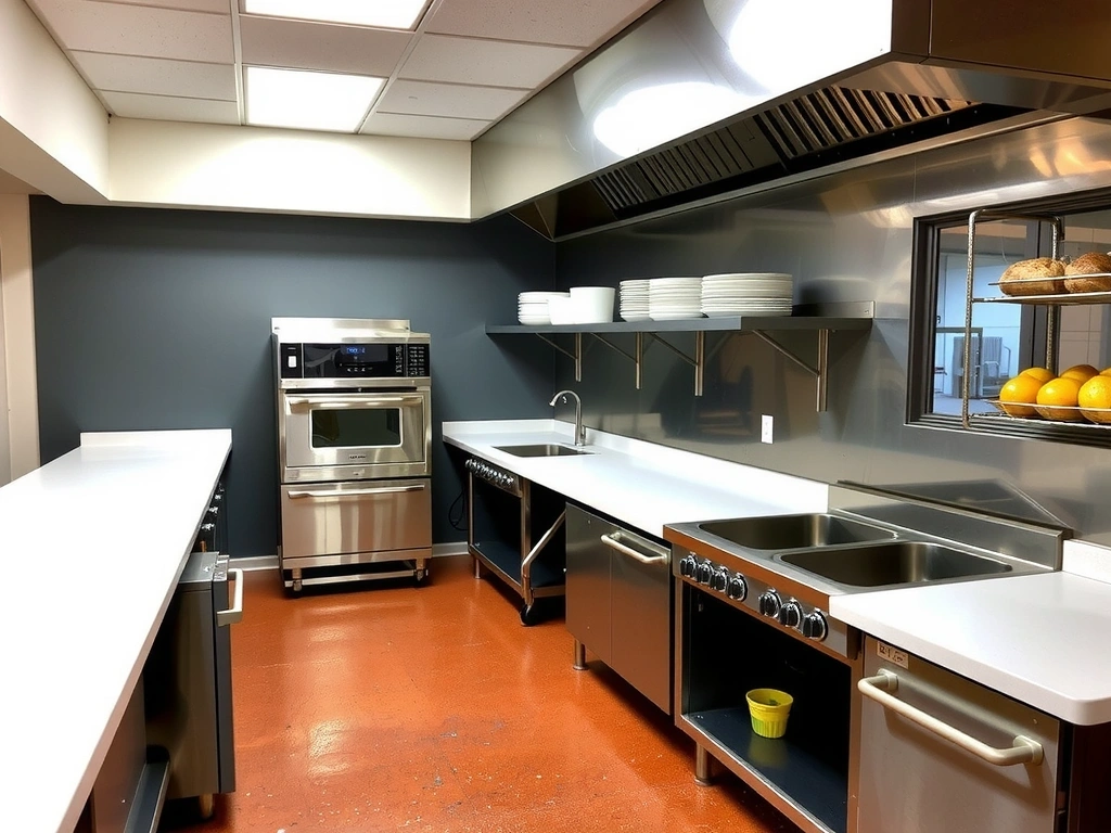 Commercial kitchen with clean stainless steel appliances
