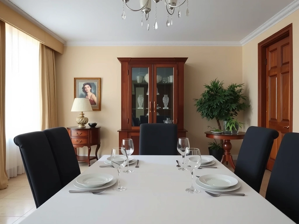 Residential dining room set for a formal dinner, impeccably clean