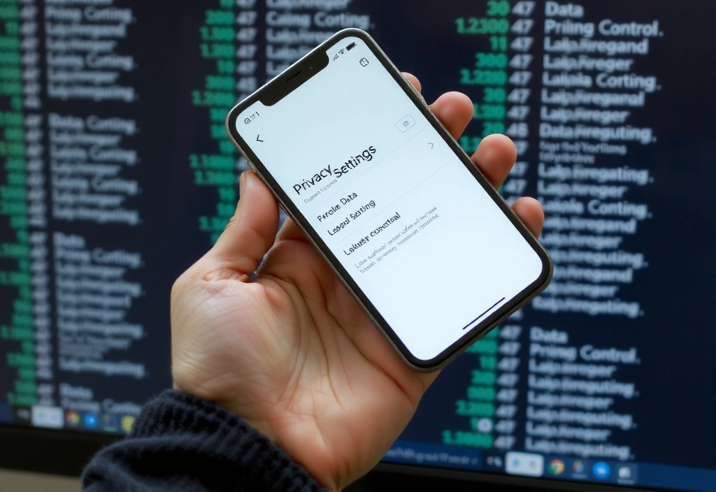 A hand holding a smartphone with privacy settings, symbolizing user control over data