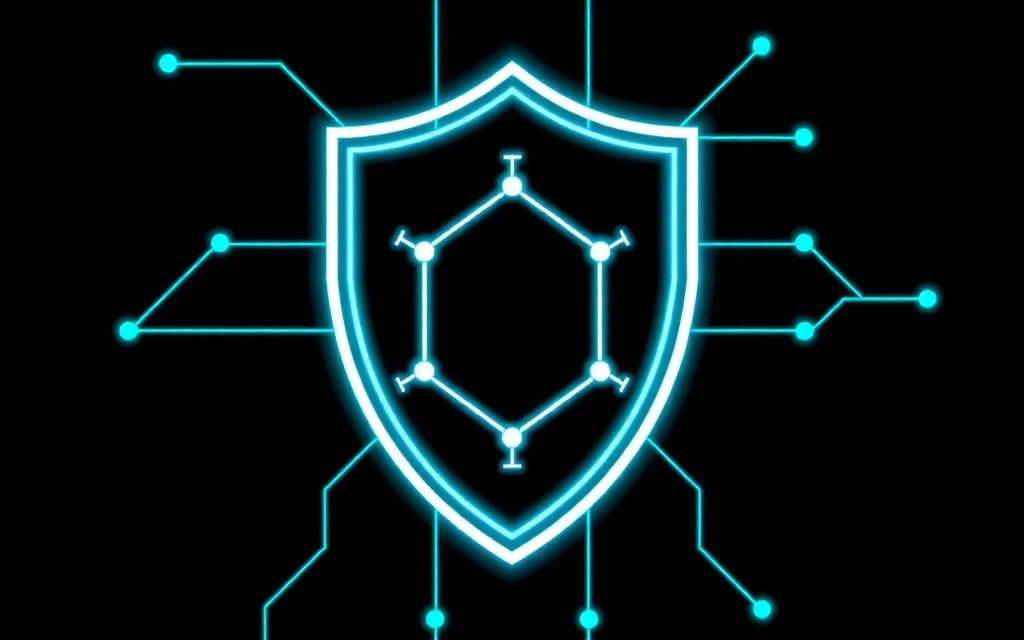 A digital shield protecting data, with glowing lines representing secure connections
