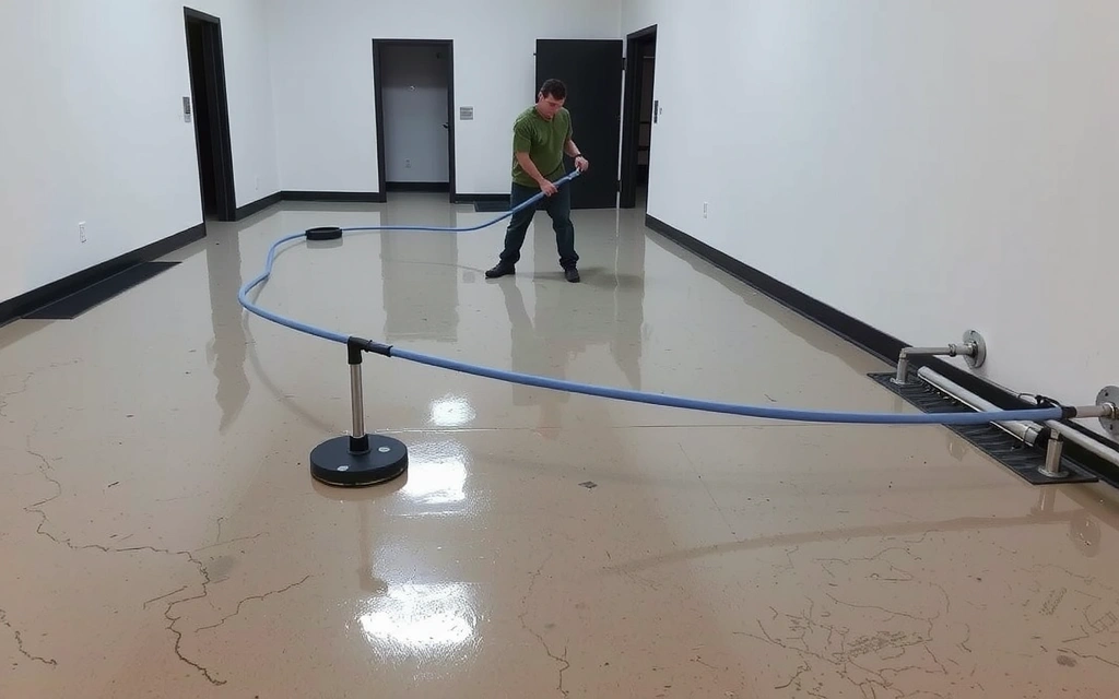 Commercial floor being stripped and waxed by a professional, showing a high gloss finish.