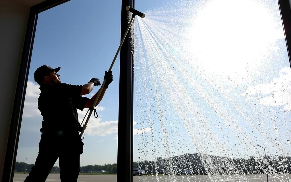Professional window cleaner ensuring streak-free results on a large commercial window.